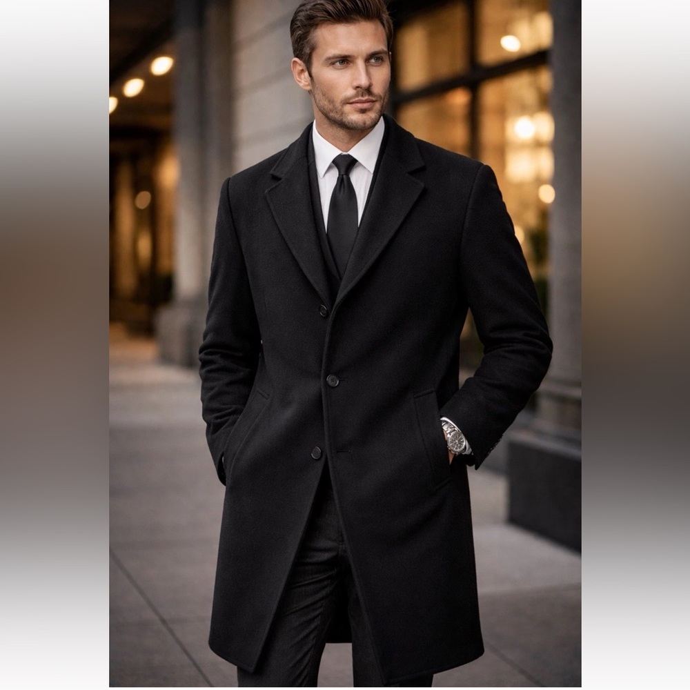 Joseph A Banks Men’s Black Overcoat Wool Blend Office travel 46R
